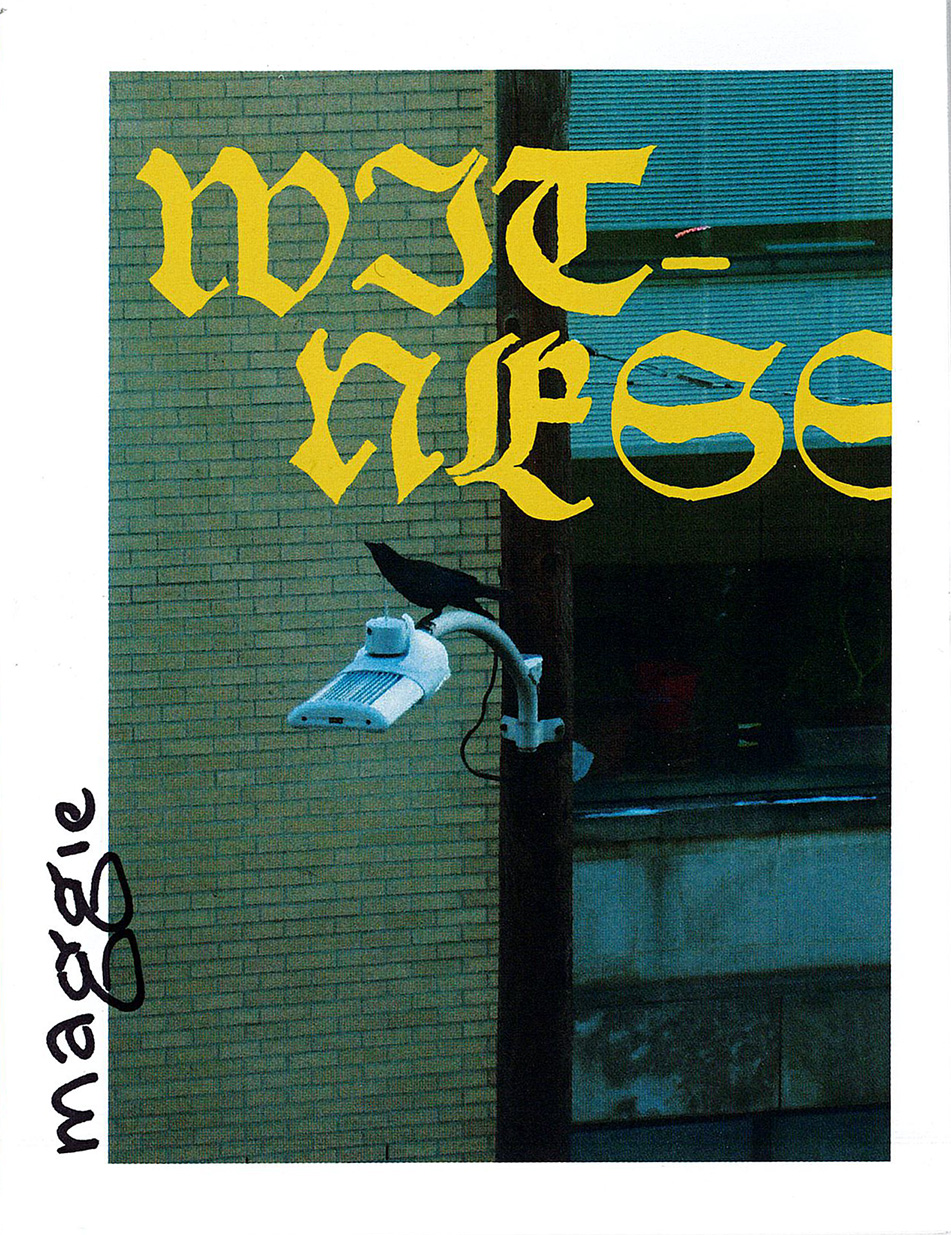 cover of zine titled witness in bright yellow blackletter type