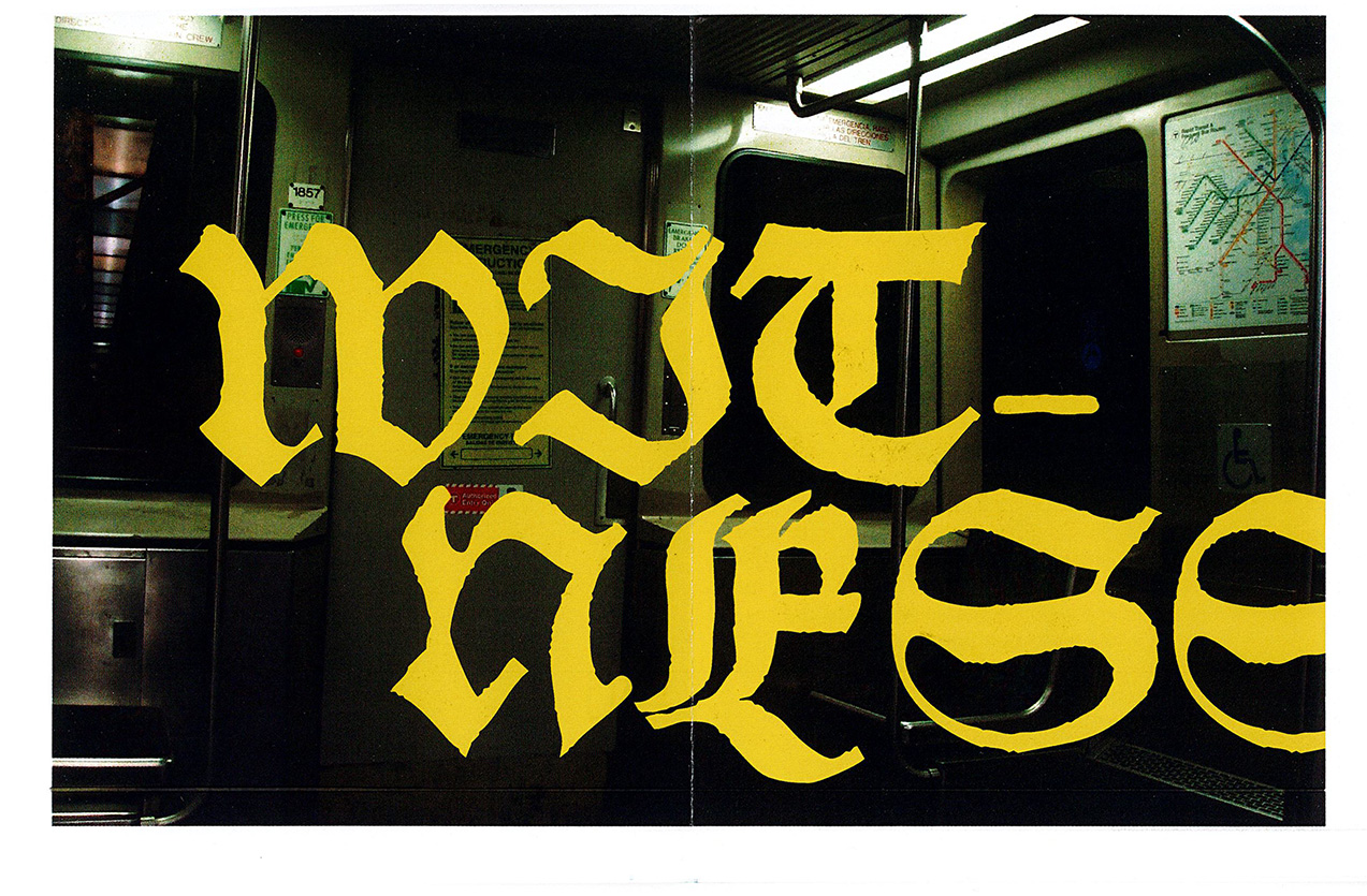 spread one of zine titled witness in bright yellow blackletter type