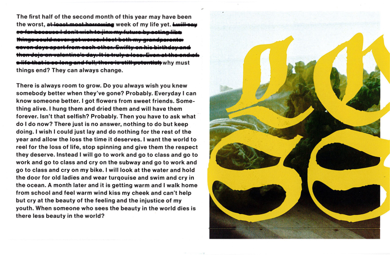 middle spread of zine titled loss in bright yellow blackletter type and a diary entry 